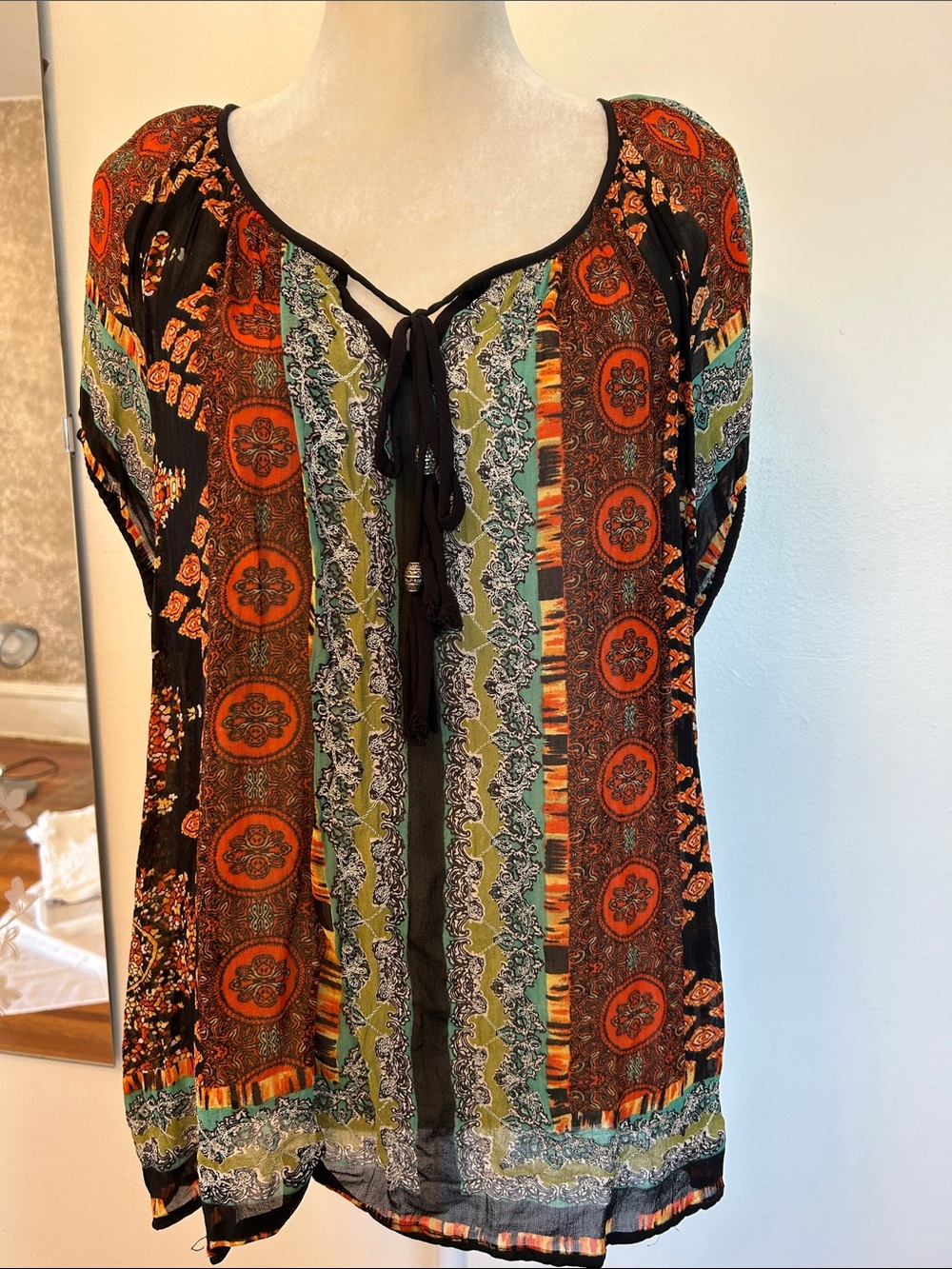 Bila Multicolor Boho Tie-Front Peasant Top - Black, Orange, Green